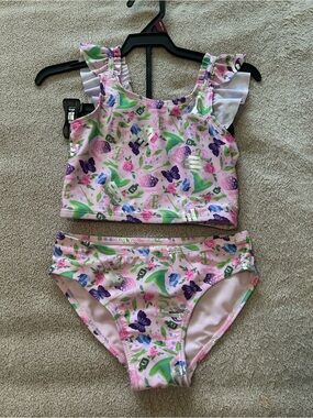 Girls Two-Piece Pink Butterfly & Floral Swimsuit size 6 NWT